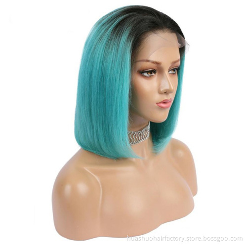 Sexy Brazilian Hair Short Bob Wigs 130% 150 Density Human Hair Wigs Color Light Blue Lace Frontal Wigs